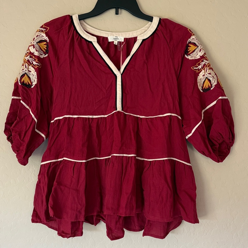 Entro Red Boho Blouse with Embroidered Sleeves